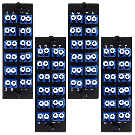 VFLTOOL 4PCS 12 Duplex LC Adapters LGX Footprint Fiber Patch Panel Loaded 24 Fiber Ports Couplers Enclosure - LC UPC Blue Compatible with SingleMode Multimode|1.25G/10GB OS1-2/OM3