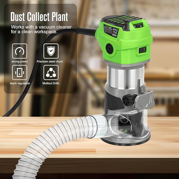 GALAX PRO 6.5 Amp Compact Wood Router with Fixed Base,1.25 HP Variable-Speed Trim Router 12000-30000RPM, Router Bits, Edge Guide, Roller Guide & Dust Hood
