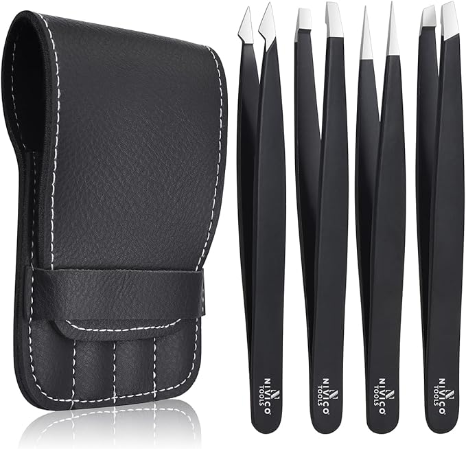 NIVICO Tweezers Set with Leather Pouch – Professional Stainless Steel Tweezers for Eyebrows Precision Facial Ingrown Hair Removal (Black)