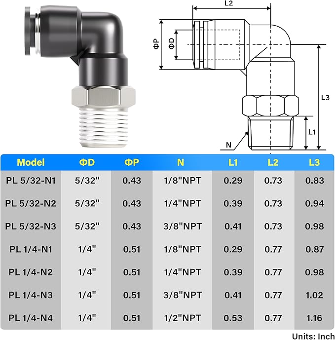TAILONZ PNEUMATIC Male Elbow 1/4 Inch Tube OD x 1/16 Inch NPT Thread 90 Push to Connect Fittings PL-1/4-1/16 (Pack of 2)