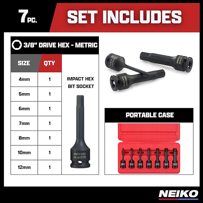 NEIKO 01130B 3/8" Drive Allen Socket Set, 7 Piece, 3 Inch, 3/8??Impact Hex Bit Socket Set, Metric Hex Driver 4 mm to 12 mm, Chrome-Moly Cr-Mo Impact Grade