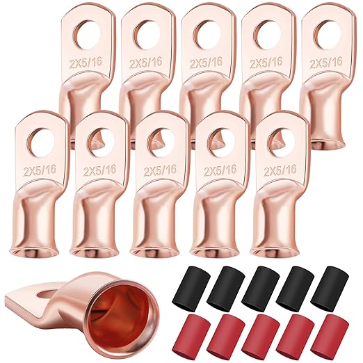 XHF 10PCS 2 AWG-5/16 Heavy Duty Battery Lugs with 3:1 Heat Shrink Tubing, Ring Terminals Battery Cable Ends Copper Eyelets Electrical Battery Connectors