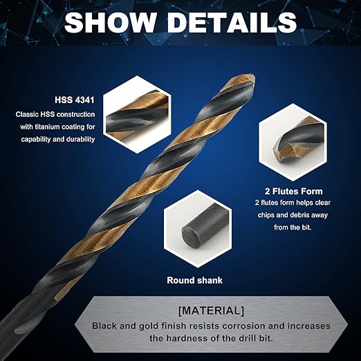 COMOWARE 60pcs Number Drill Bit Set, Wire Gauge #1 to #60, HSS M2 Drill Bit, 135째 Split Point, Black and Gold Coated, Drill Bit Set for Metal/Plastic/Wood, with Index Case