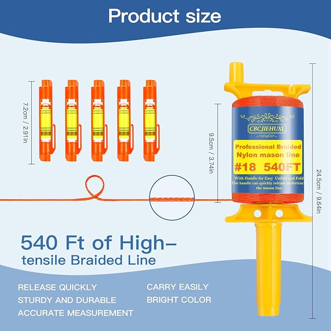 Mason Line with Handle #18, 540 Ft String, with 5 Built-in Levels and Spool Fluorescent String Line, Braided Nylon String for Gardening or Masonry Tools, Construction Twine for Outdoor Projects