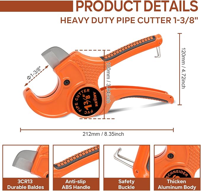 Kerry Hose Pipe Cutter, Up to 1-3/8" Ratcheting Heavy-Duty PEX POLY PE Plastic Hoses and Plumbing Tube Cutting Tool, Sharp Stainless Steel Blades, Thicken Aluminum Body Extended Handle