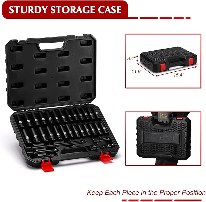 EMENTOL 1/2" Drive Socket Set, 32-Piece Deep Impact Sockets, SAE(3/8"-1") & Metric(10-24mm), Including Extension Bars, Universal Joint, Drill&Socket Adapter, Cr-V Steel