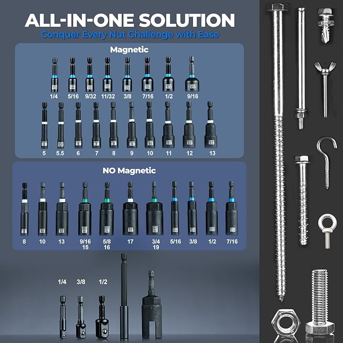 toolant 34 Piece SAE/Metric Nut Driver Set, Impact Driver Bit Set, Deep Nut Driver, Impact Socket Adapters, Wing Nut Driver, Tough Gift Case
