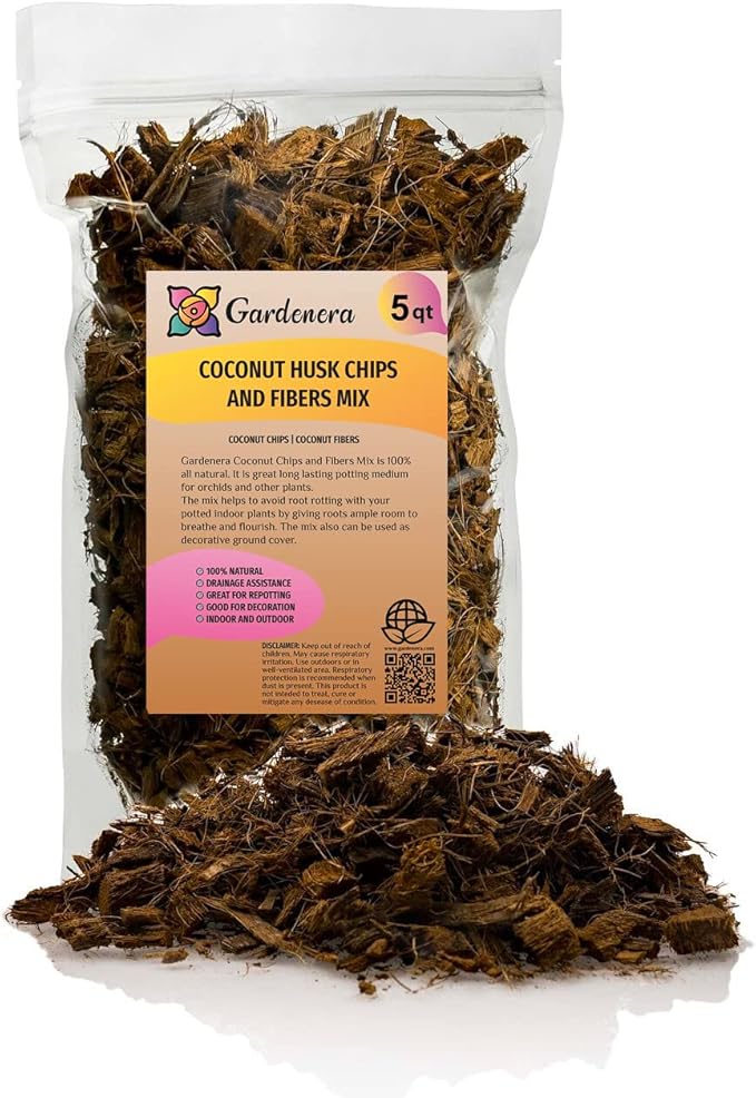 Premium Coconut Husk Chips and Fibers Mix for Orchids, Houseplant, Monstera and Fiddle Leaf Fig by GARDENERA (5 Quart Bag)