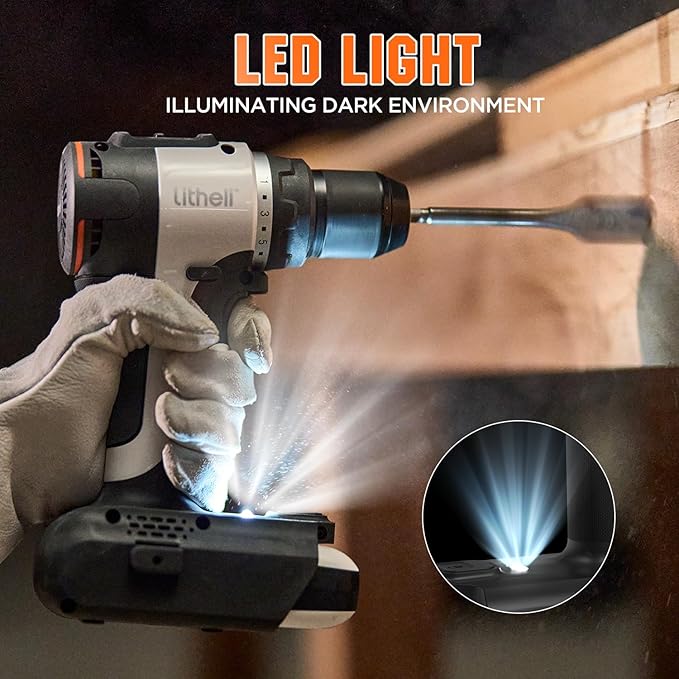 Litheli 20V Brushless Cordless Drill Driver, 530 In-lbs High Torque, 1/2 Inch Keyless Chuck, 2000 RPM, 2.0Ah Battery (Power Bank Function), Type-C Charging, Lightweight Electric Drill for DIY