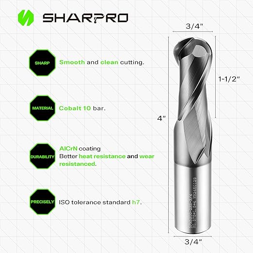 Extra Long Ball Nose End Mill 2 Flute 3/4 Inch SHK. and Cutting Dia. 3D Carving, High-Speed and Deep Cutting, AlCrN Coated, Apply for Alloy Steel, Stainless Steel and Various Cast Iron.