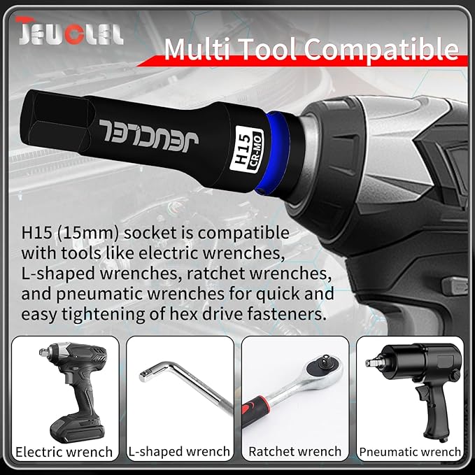 15mm Hex Impact Bit Socket, H15 1/2-Inch Impact Drive Allen Socket, Cr-Mo Steel Lengthen Hex Screwdriver Adapter for Electric Ratchet Wrenches Fastening Screws