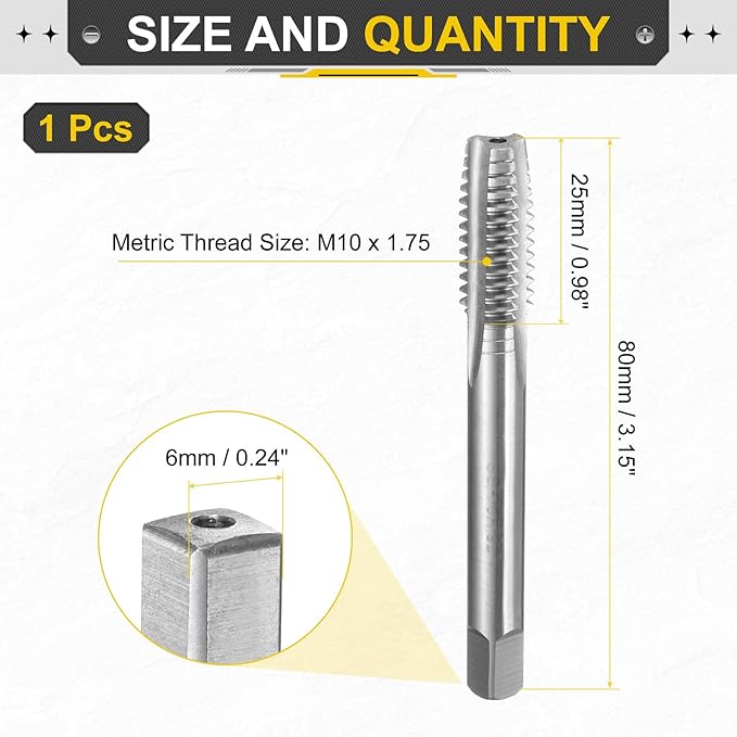 uxcell Hand Plug Tap M10 x 1.75 H2 Metric Thread Plug Style Taps Straight Flute Screw Tapping Threading Tool High Speed Steel HSS6542
