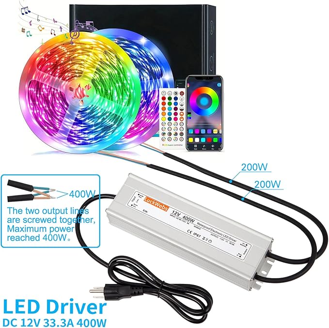 LED Driver 12V400W Waterproof Power Supply AC 90-130V to DC 12V33.3A Low-Voltage Power Transformer Suitable for Indoor Outdoor LED Lighting Fixtures and Any 12V DC LED