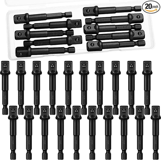 Mudder 20 Pieces 3/8 Inch Impact Adapter Square Socket Bit Adapter Hex Impact Socket for Drills Extension Accessory Driver Bits for Automotive DIY-1/4 Hex Shank(Black)
