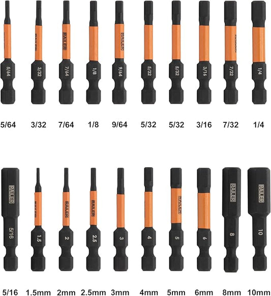 Railer Allen Wrench Hex Bit Set 2 Inch Impact Driver 20pc Hex Bit Set With A Bit Holder & Carabiner. Premium S2 Steel, Ideal For Furniture Screws