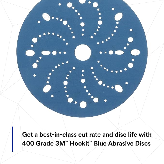 3M Hookit Blue Abrasive Discs 36181, Multi-Hole, 6 in, 400+ Grade, Pack of 50, Virtually Dust-Free, for Auto Sanding, Body Repair, Featheredging, Primer Sanding, Paint Preparation, E-Coat
