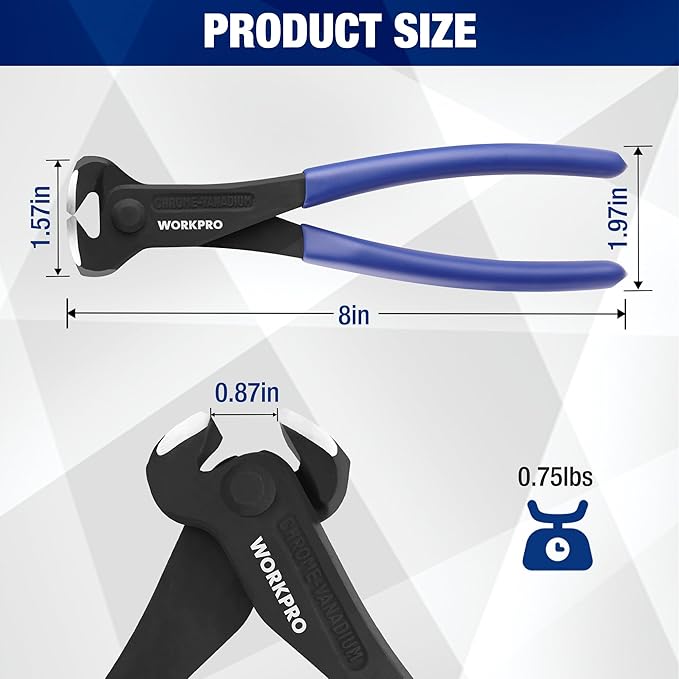 WORKPRO 8 Inch Nail Puller, End Cutting Pliers - Black Finish Chrome Vanadium Steel, High Leverage End Cutting Nipper, Carpenters Pincers, End Snips for Pulling Nails or Cutting Wires