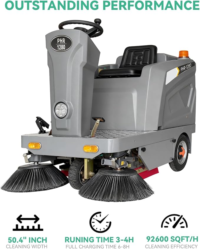50.4" Ride-on Industrial Sweeper, Floor Cleaning Machine 92,600 sq ft/h Efficiency, 26.4 Gal Hopper Brushless Motor for Warehouse Factory Parking Lot
