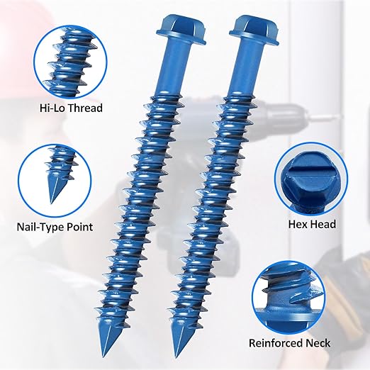100PCS Concrete Screws Assortment Kit, 3/16" x 2-1/4" Masonry Screws with Drill Bit and Driver Bit, Hex Head Cement Screws and Anchor, Diamond Point, Self Tapping Concrete Brick or Stucco, Blue Coated