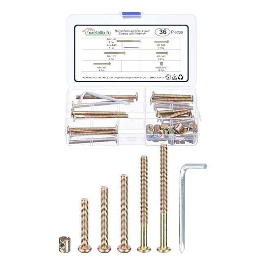 METALLIXITY Furniture Crib Screws Replacement Set with Wrench(M6-1x40/50/60/70/80mm) 36Pcs, Connector Bolt M6 Screw Barrel Nuts Binding Screws, for Chair Cabinet Bed, Yellow