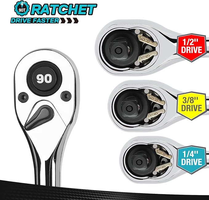 DURATECH 3-Piece Drive Ratchet, 1/4", 3/8", 1/2" 90-Tooth Quick-Release Ratchet Wrench, Reversible, Cr-V Made, Full Polished - with EVA Organizer, Gifts for Men Gifts for Women Gifts for Dad