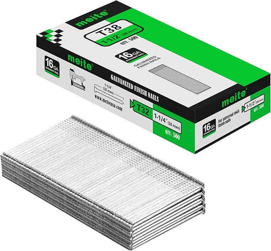 meite 16 Gauge Finish Nails, 1-1/2 Inch Galvanized 16GA Finish Nails, Small Straight Finishing Nail, Ideal for Woodworking, Upholstery, and Framing Projects (500 Counts)
