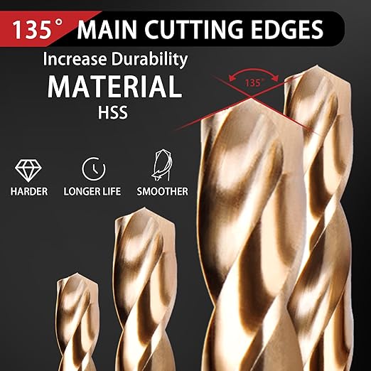 230 Pcs Drill Bit Set, 135째 Tip Titanium Coated High Speed Steel, Twist Drill Bit Kit for Iron, Aluminum Alloy, Copper, Wood, Plastic, with Hard Storage Indexed Box 3/64''-1/2''