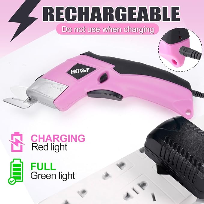 Cordless Electric Scissors,3.7V Fabric Cutter,Equipped with 2 Blades and 1 Charging line,Electric Cardboard Cutter for Fabrics,Cardboard,Carpets (Pink)