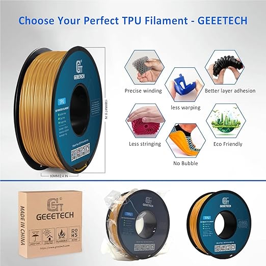 Geeetech TPU Filament 1.75mm, Shore 95A ??Flexible 3D Printer Filament with High Elasticity, 1KG (2.2lbs) Spool, Dimensional Accuracy 짹0.03mm, Fits Most FDM Printers (Gold)