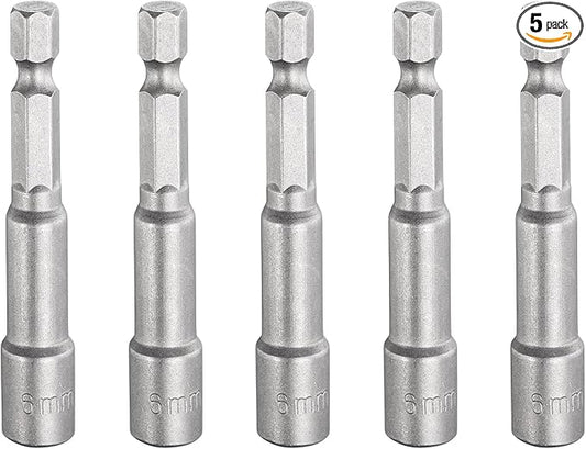 HARFINGTON 5pcs Nut Driver Drill Bit 6mm Metric Socket 1/4" Hex Shank 2.56" (65mm) Long Magnetic 6-Point Sockets Quick Change CR-V Steel Bolt Setters for Power Drill Drivers