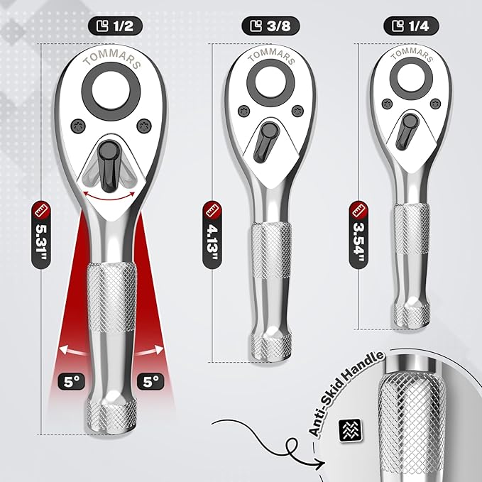 TOMMARS 3/8-Inch Drive Stubby Ratchet Mini Ratchet Quick-Release Head 72-Tooth Gift for Men Mechanic Hand Tools