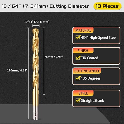 Drill Bit, 19/64" Cutting Diameter, 4341 HSS Jobber Bits TiN Coated 135° Cutting Angle - (Applications: for Drilling Soft Metal Plastic Wood), 10-Pieces