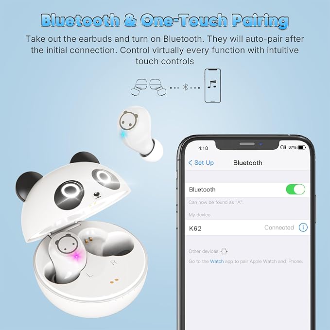Wireless Earbuds, Bluetooth 5.3 Earpods HiFi Bass Stereo, Headphones Wireless Bluetooth, Kids Headphones Long Playtime, Earbuds with Microphone, Ear buds with Multifuntional Touch Screen(White Panda)