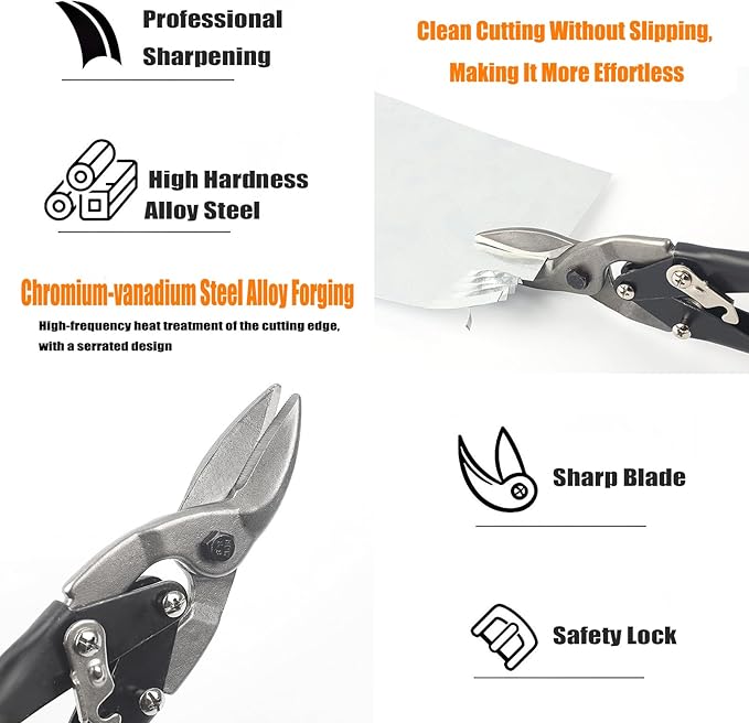3-Piece Aviation Tin Snips Set, 10-Inch Sheet Metal Cutting Shears, Straight/Left/Right Cut Cr-V Steel Aviation Snips with Serrated Blades and Comfort Grip