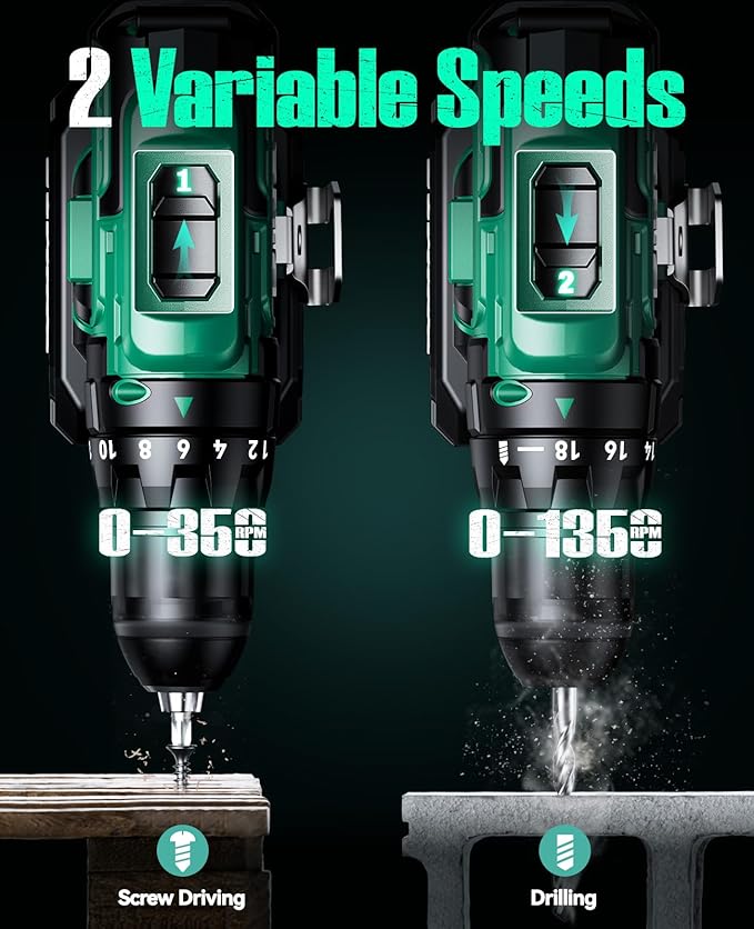 KIMO Cordless Drill Set with 20V 2.0Ah Battery 2 Packs, Max 350 In-lb Torque, 0-1350 RPM, 3/8" Keyless Chuck, 18+2 Clutch Setting, 18pcs Accessories, Power Drill for Drilling Wood Bricks Walls Metal