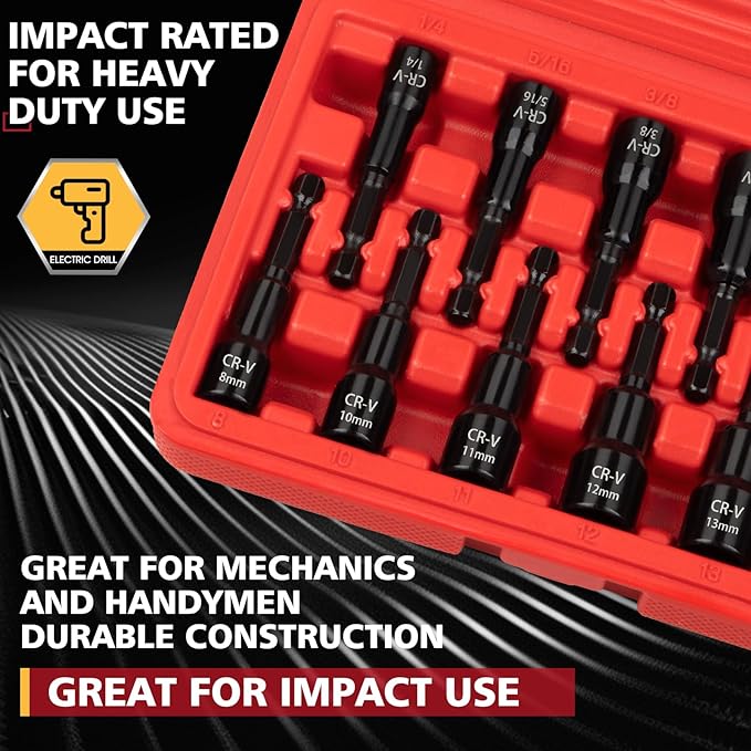 12-Piece Magnetic Nut Driver Set, Premium CR-V Steel Impact Power Hex Nut Driver Drill Bit Master Kit with Case, SAE(1/4"-9/16") & Metric(8mm-14mm) Size, 1/4??Quick Install & Release