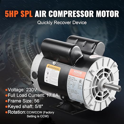 VEVOR 5HP SPL Air Compressor Electric Motor, 230V 17.6Amps, 56 Frame 3450RPM, 5/8" Keyed Shaft, 1.88" Shaft Length, Single Phase, CW/CCW Rotation (Factory Setting is CCW)