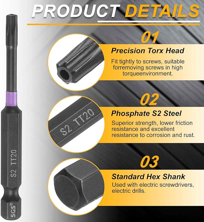 HARFINGTON 2pcs TT20 Torx Head Impact Screwdriver Bits 1/4" Hex Shank 2.8" (70mm) Long Magnetic Tamper Proof 6 Point Star Screw Driver Drill Bits Phosphate S2 Steel Power Tools with Hole