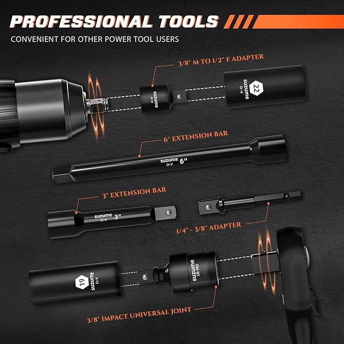 SUZUME 3/8 Impact Socket Set, Cr-V Steel, 6 Point, 3/8" Drive, 50-Piece Standard Metric (8-22mm) and SAE (5/16-Inch to 3/4-Inch) Sockets with Adapters & Ratchet Handle, Extension Bars, Universal Joint