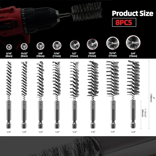 ASNOMY 8Pcs Wire Bore Brush for Drill,5/16"-3/4??Stainless Steel Copper Pipe Cleaner Set for Power Drill Cleaning,Abrasive Drill Wire Brush with 1/4" Hex Shank