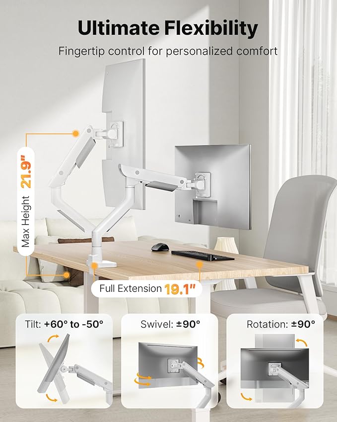 monTEK Sleek Aluminum Monitor Arm for 17??7??Ultrawide Screens up to 59.4 lbs, Heavy Duty Single Monitor Arm Desk Mount, Pneumatic Lift, Quick-Release Plate, Clamp/Grommet, Max VESA 100x100