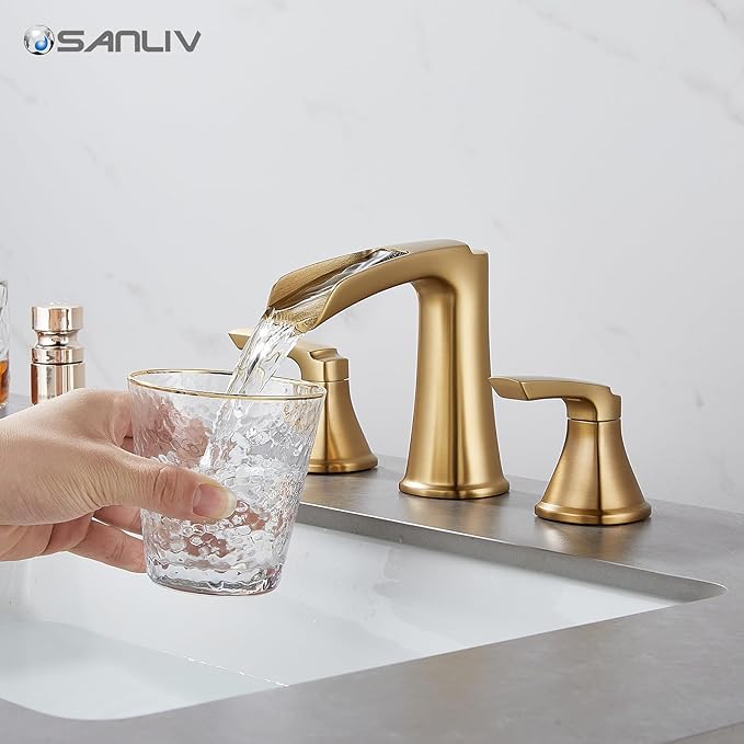 Brushed Gold Waterfall Bathroom Faucet, Sanliv 3-Piece Widespread Bathroom Sink Faucets, 2-Handle Vanity Faucet for 3-Hole Sinks 4-8 Inch with Pop-Up Drain, Brushed Gold