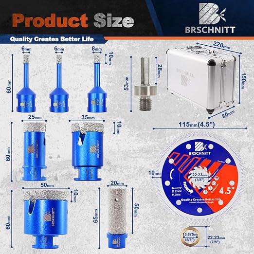 Diamond Core Drill Bit Set - BRSCHNITT Tile Hole Saw Kit 1/4 * 2" 5/16" 1" 1-3/8"2" & 4/5" Finger Bit & for Porcelain Tile Ceramic Marble Granite Diamond Blade