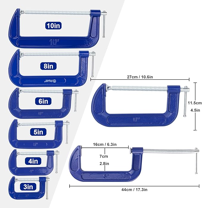 3 Pack 6 Inch Blue C-Clamp - Heavy Duty Iron C Clamps, C-Clamp for Woodworking, Brake Calipers, Maintain, Building, DIY Project