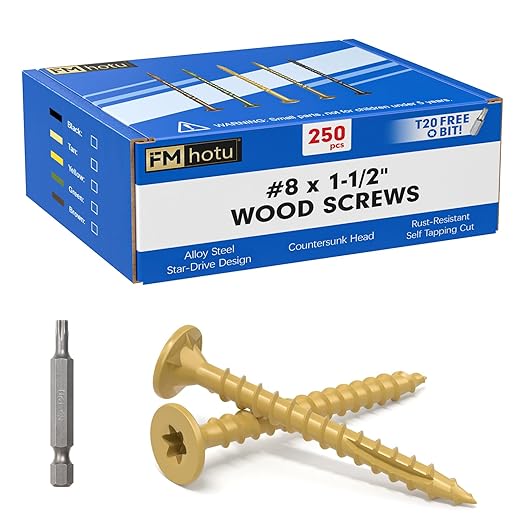 #8 x 1-1/2” Deck Screws, 250Pcs Star Drive Wood Screws, Rust Resistant Timber Screws for Timber/Log/Landscaping Wood, T20 Star Bit Included, Yellow
