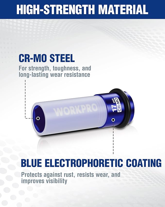 WORKPRO 1/2" Drive Lug Nut Impact Duty Socket, 17mm Deep Thin Wall Socket, Made of Premium Cr-Mo Steel, Non-Marring Lug Nut Wheel Sockets for Car