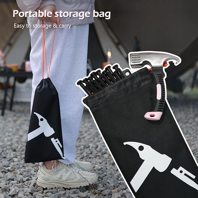 8 Pcs Tent Stakes and Camping Hammer – Heavy Duty Metal Lightweight Backpacking Tent Spikes with Small Hammer Kit for Women - Camp Mallet with Puller and Tent Pegs Bag for Tarp Canopy, Pink