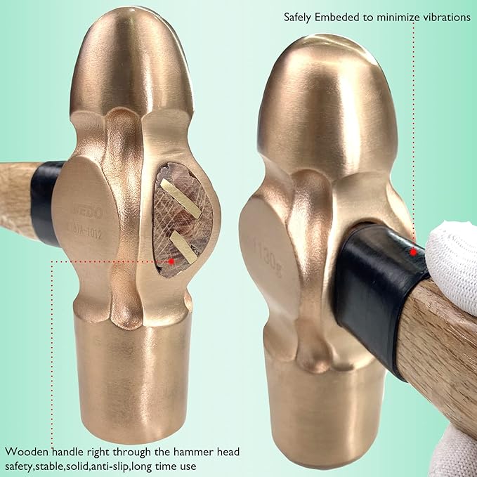WEDO 2PCS Ball Pein Hammer,1/2lb+1lb Non-Sparking Ball Peen Hammer with Wooden Handle, Beryllium Copper,Non-Magnetic,Die-forged,Corrosion Resistant,BAM & FM Certificate,DIN Standard