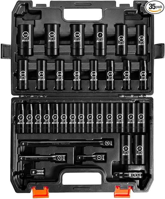 BOEN 35-Piece 1/2" Drive Deep Impact Socket Set - SAE 3/8"-1-1/4" & Metric 8-24mm, Extensions, Joint & Adapter, Cr-V Steel, Double Lock Case