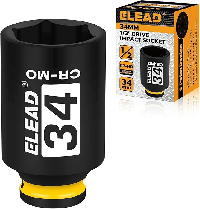 ELEAD 1/2" Drive Deep Impact Socket, 34 mm Metric 6 Point 1/2-inch Drive Impact Axle Nut Sockets, CR-MO Nut Socket Set, Oil Filter Sockets, Tools for Easy Removal of Axle Shaft Nuts